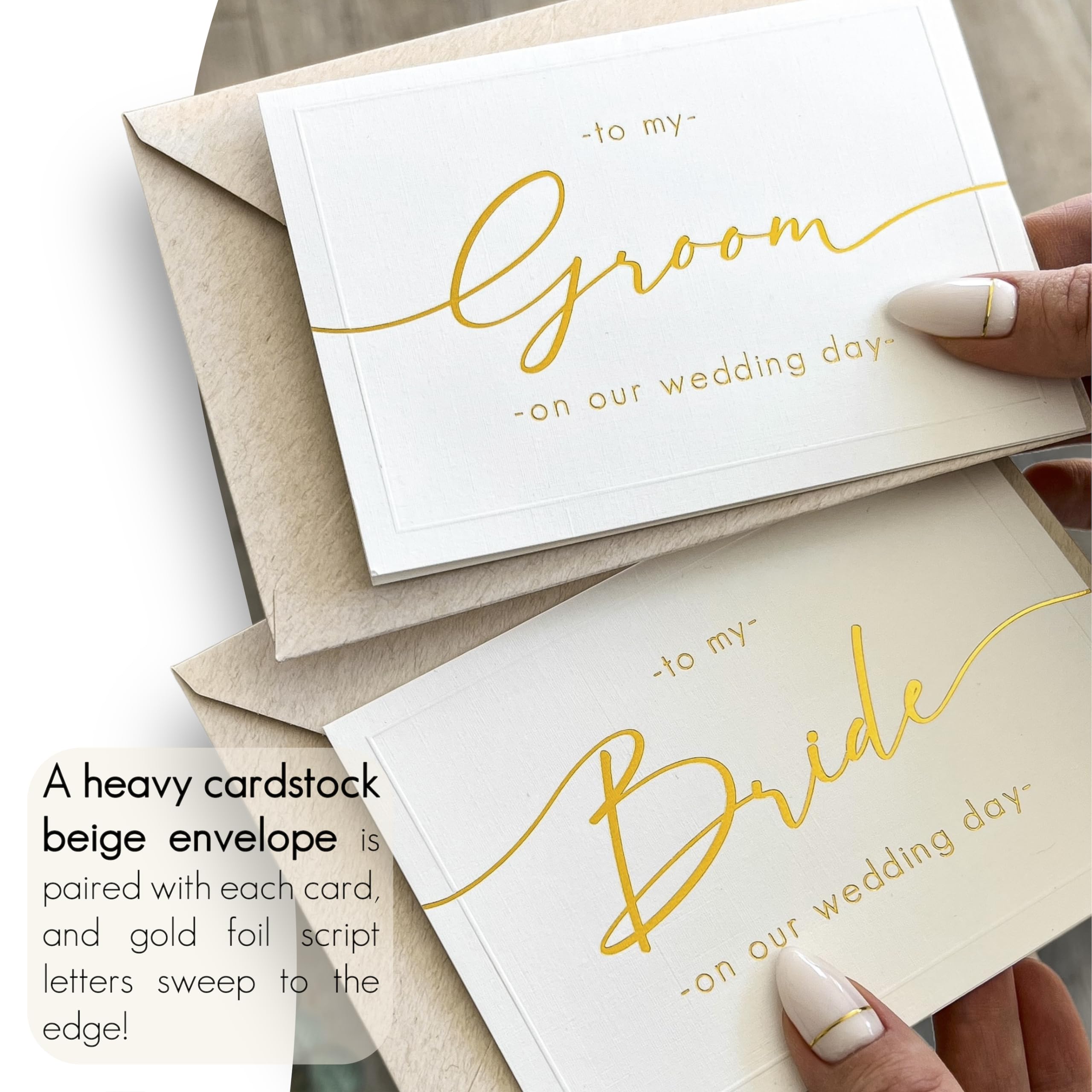 Shoppau Set of 2 Bride and Groom Wedding Day Cards - Linen Textured Cardstock - Elegant Script - 4.875" x 3.75" Folded - Embossed Border - Set of 2 Cardstock Beige Envelopes (Gold Foil)