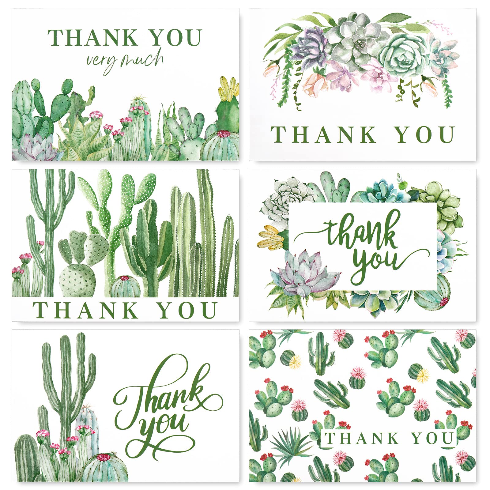 AnyDesign Cactus Thank You Cards 36 Pack Watercolor Succulent Note Cards with Matching Seal Stickers Envelopes Greenery Greeting Blank Cards for Birthday Baby Shower Wedding Bridal Party, 4 x 6