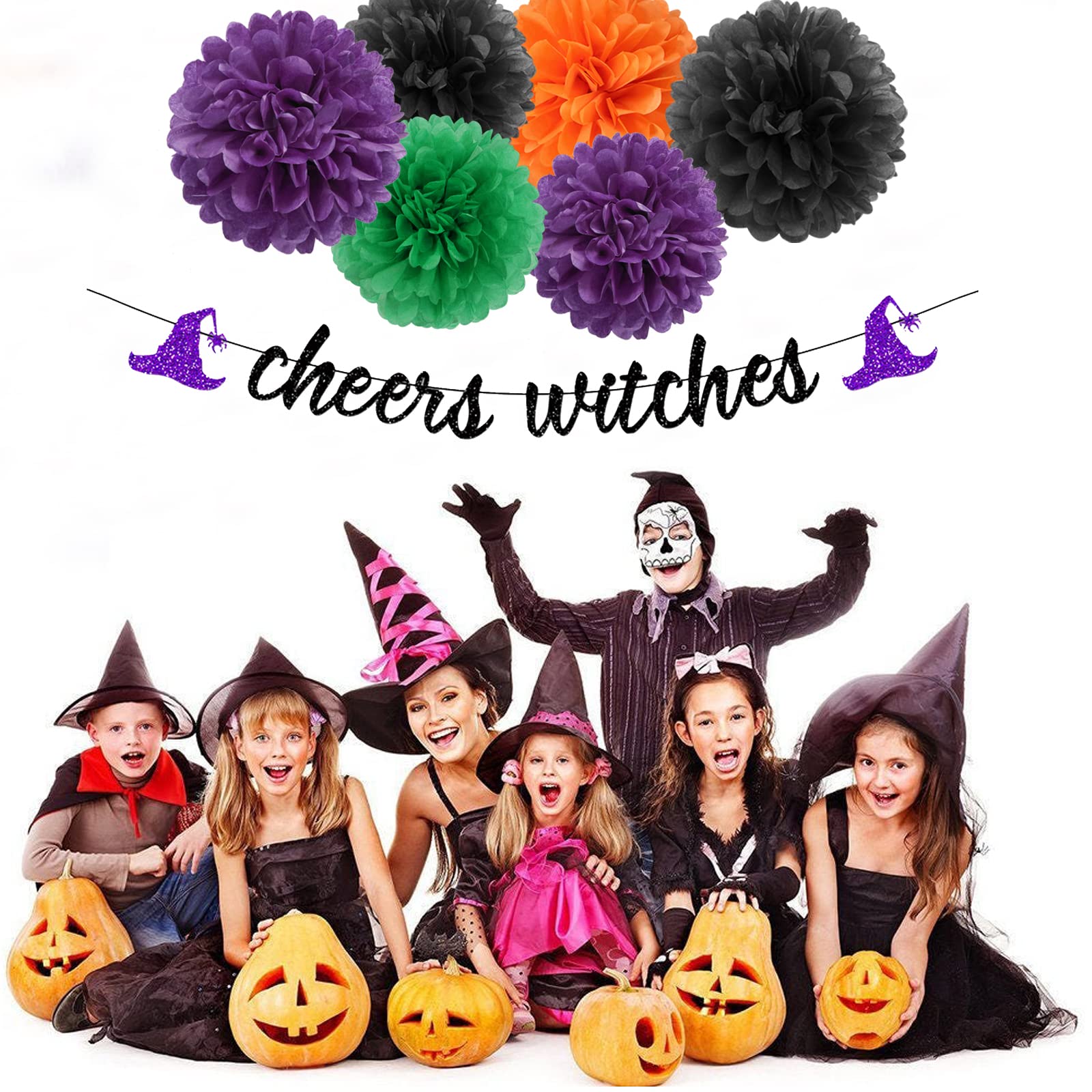 Black-Orange Green-Purple Halloween Party-Decorations - 8pc Kit Happy Halloween Banner, Tissue Flower Paper Pom Poms Streamers,Cheers Witches Garland,Birthday Bachelorette Baby Shower Lasting Surprise