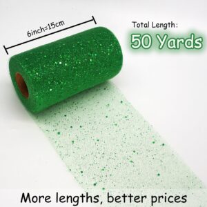 Glitter Tulle Fabric Rolls 6 Inch 50 Yards (150FT) Sequin Sparkling Ribbon Spool Netting for Wedding, Tutu Skirt, Gift Wrapping, Party Decoration (Emerald Green)