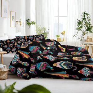 SOULZZZ Colorful Mushroom Duvet Cover Umbrella Pattern Exotic Style Black Beddings for Kids Teens Boys Girls Aesthetic Hippie Theme Cartoon Mushroom Bed Set (Queen, 1 Duvet Cover 2 Pillow Shams)