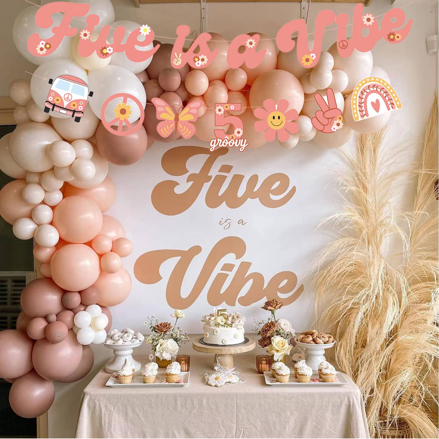 Five is A Vibe banner Groovy 5th Birthday Decorations Hippie Banner Boho Decor Retro Flower Daisy 60's 70's Theme for Kids Girl Boy Bday Party Supplies