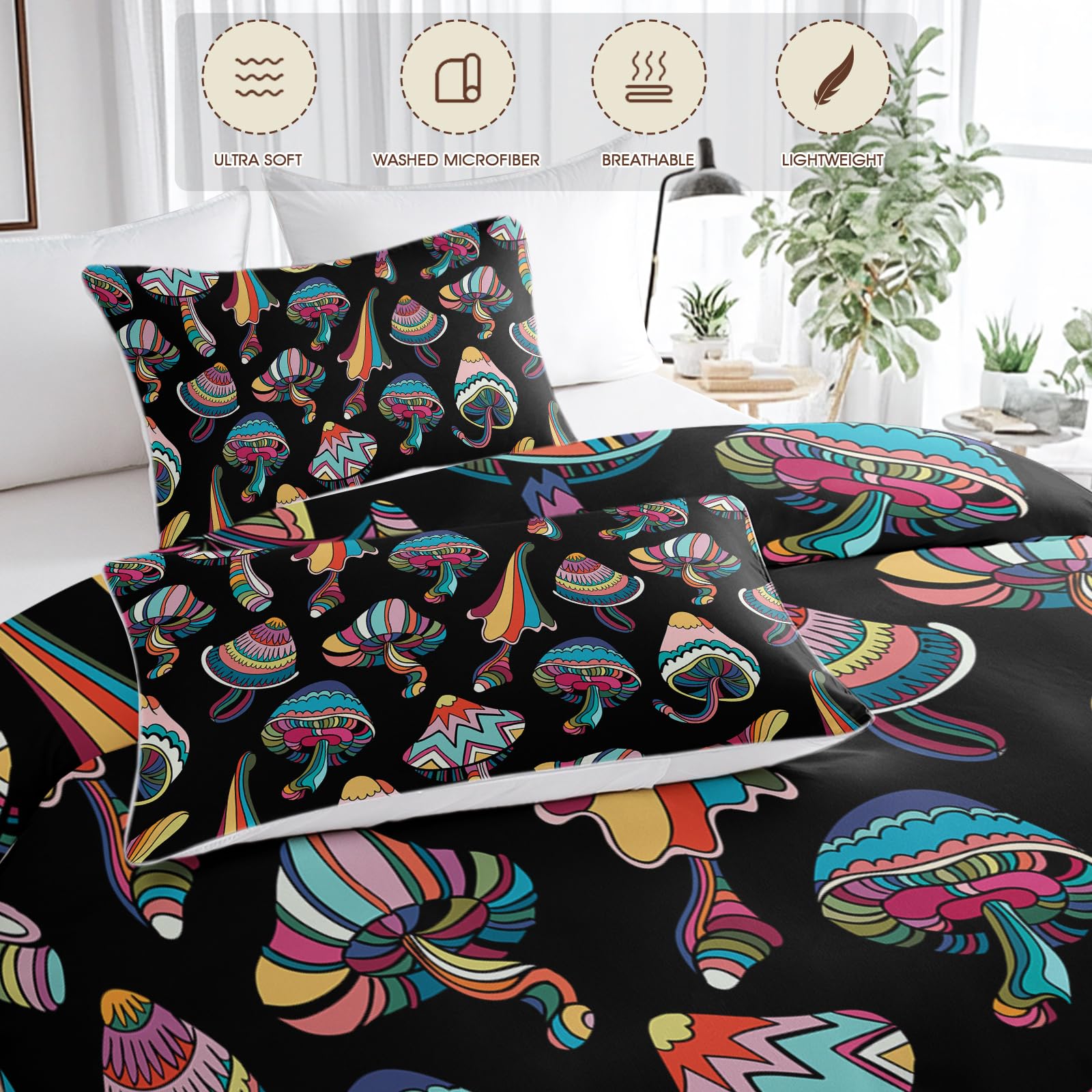 SOULZZZ Colorful Mushroom Duvet Cover Umbrella Pattern Exotic Style Black Beddings for Kids Teens Boys Girls Aesthetic Hippie Theme Cartoon Mushroom Bed Set (Queen, 1 Duvet Cover 2 Pillow Shams)