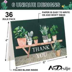 AnyDesign Home Plants Thank You Cards 36 Pack Succulent Cactus Note Cards with Matching Seal Stickers Envelopes Greenery Greeting Blank Cards for Birthday Baby Shower Wedding Bridal Party, 4 x 6