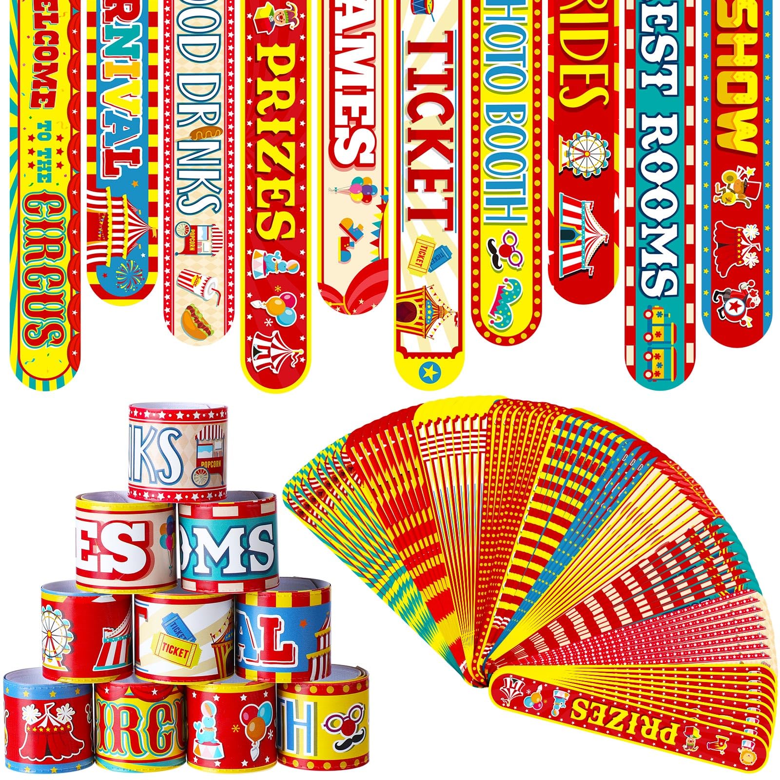 Junkin 40 Pcs Carnival Party Favors Circus Carnival Clown Animal Slap Bracelets Wristbands Christmas Carnival Theme Party Decorations Supplies for Birthday Baby Showers Rewards