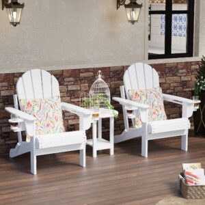 Sundale Outdoor Folding All Weather Plastic Adirondack Chair with 2 Concealable Cup Holder and 1 Stylish Cushion/Pillow, Perfect for Outside Patio Garden Pool Yard Pure White