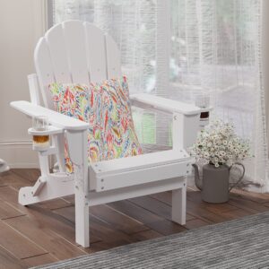 Sundale Outdoor Folding All Weather Plastic Adirondack Chair with 2 Concealable Cup Holder and 1 Stylish Cushion/Pillow, Perfect for Outside Patio Garden Pool Yard Pure White