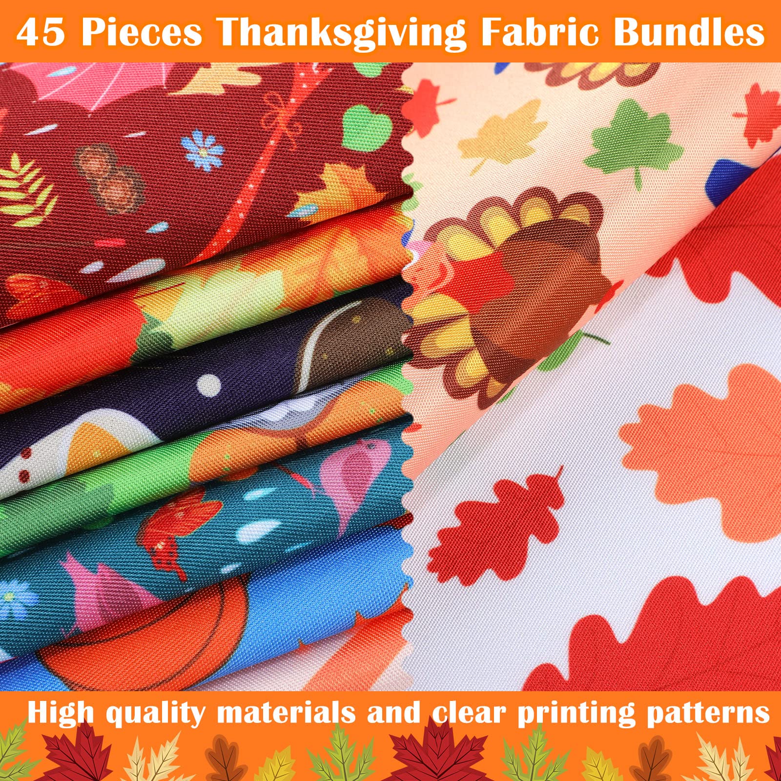 45 Pcs Thanksgiving Fabric Fall Assorted Fabric 9.8 x 9.8 Inch Squares Fat Quarter Quilting Cotton Fabric Pumpkin Maple Plaid Sunflower Fabric for DIY Sewing Craft Supply