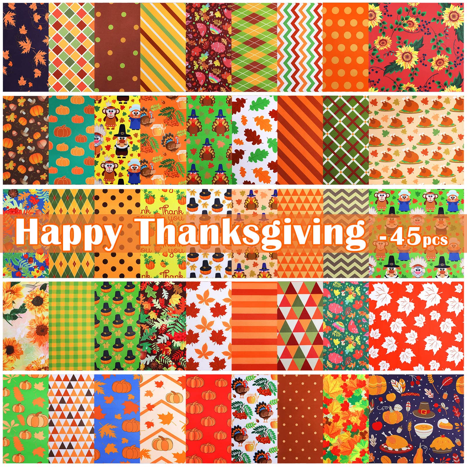 45 Pcs Thanksgiving Fabric Fall Assorted Fabric 9.8 x 9.8 Inch Squares Fat Quarter Quilting Cotton Fabric Pumpkin Maple Plaid Sunflower Fabric for DIY Sewing Craft Supply