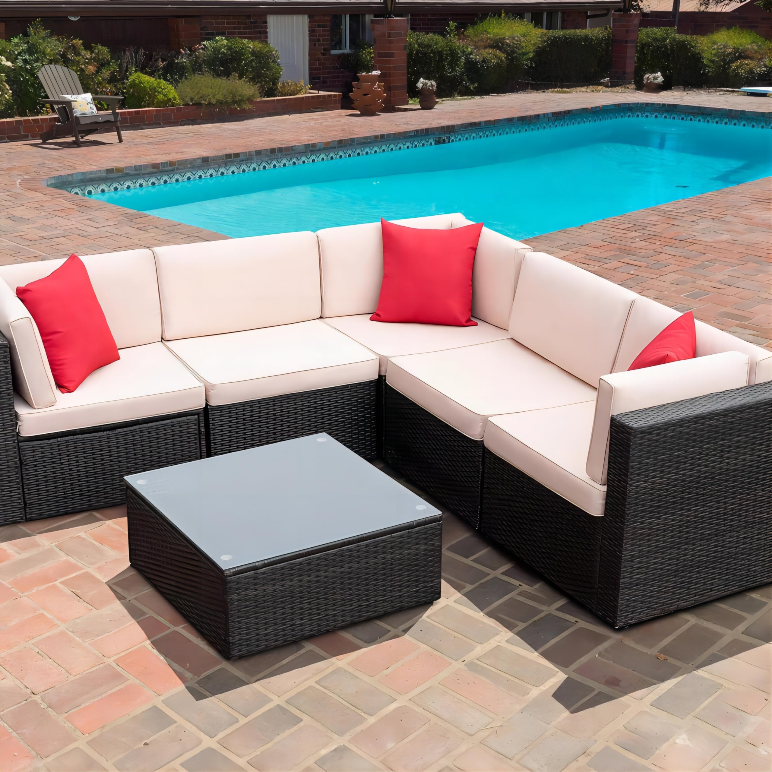 Greesum Patio Furniture Sets 6 Piece Outdoor Wicker Rattan Sectional Sofa with Cushions, Pillows & Glass Table, Beige