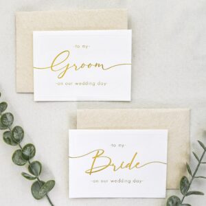 shoppau set of 2 bride and groom wedding day cards - linen textured cardstock - elegant script - 4.875" x 3.75" folded - embossed border - set of 2 cardstock beige envelopes (gold foil)