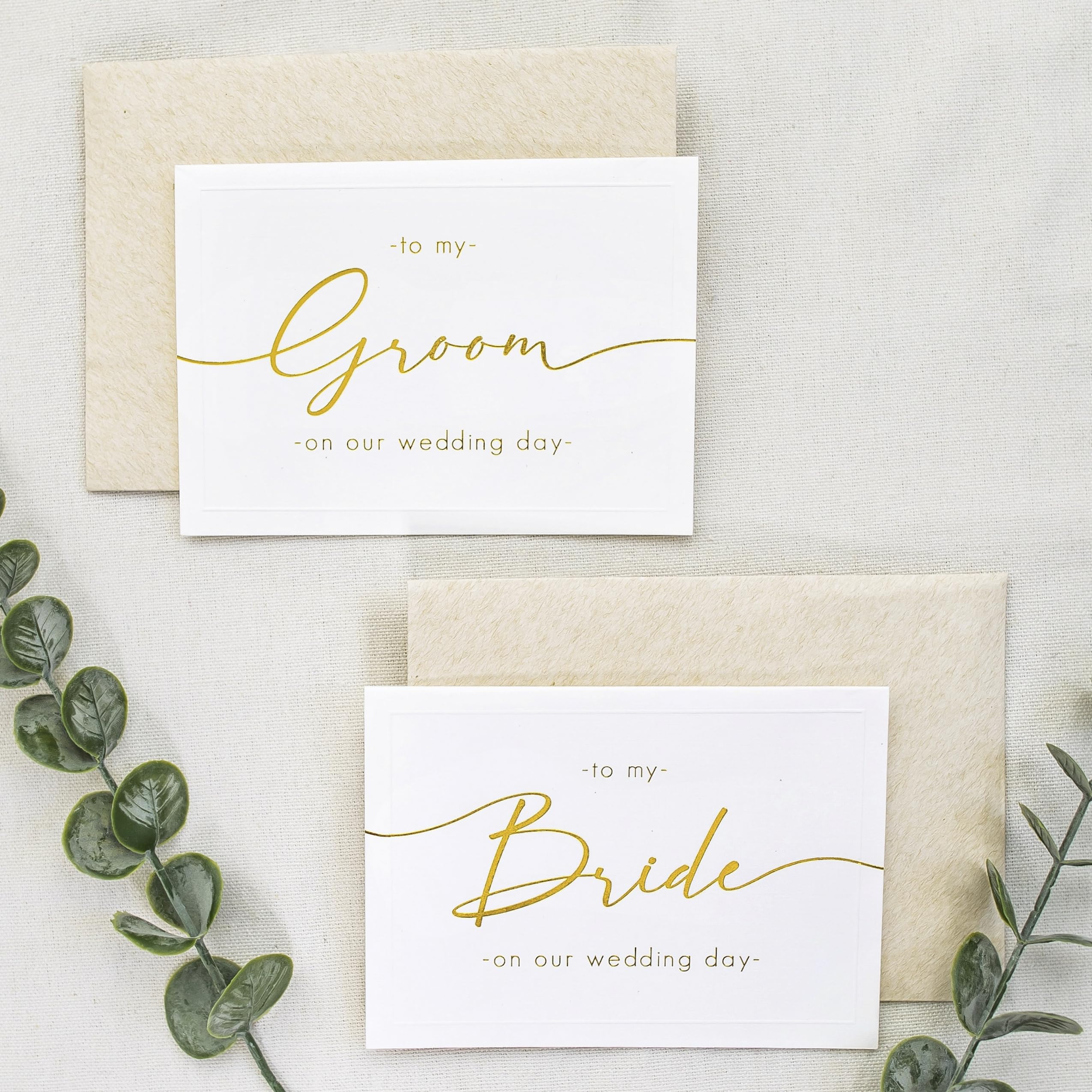 Shoppau Set of 2 Bride and Groom Wedding Day Cards - Linen Textured Cardstock - Elegant Script - 4.875" x 3.75" Folded - Embossed Border - Set of 2 Cardstock Beige Envelopes (Gold Foil)