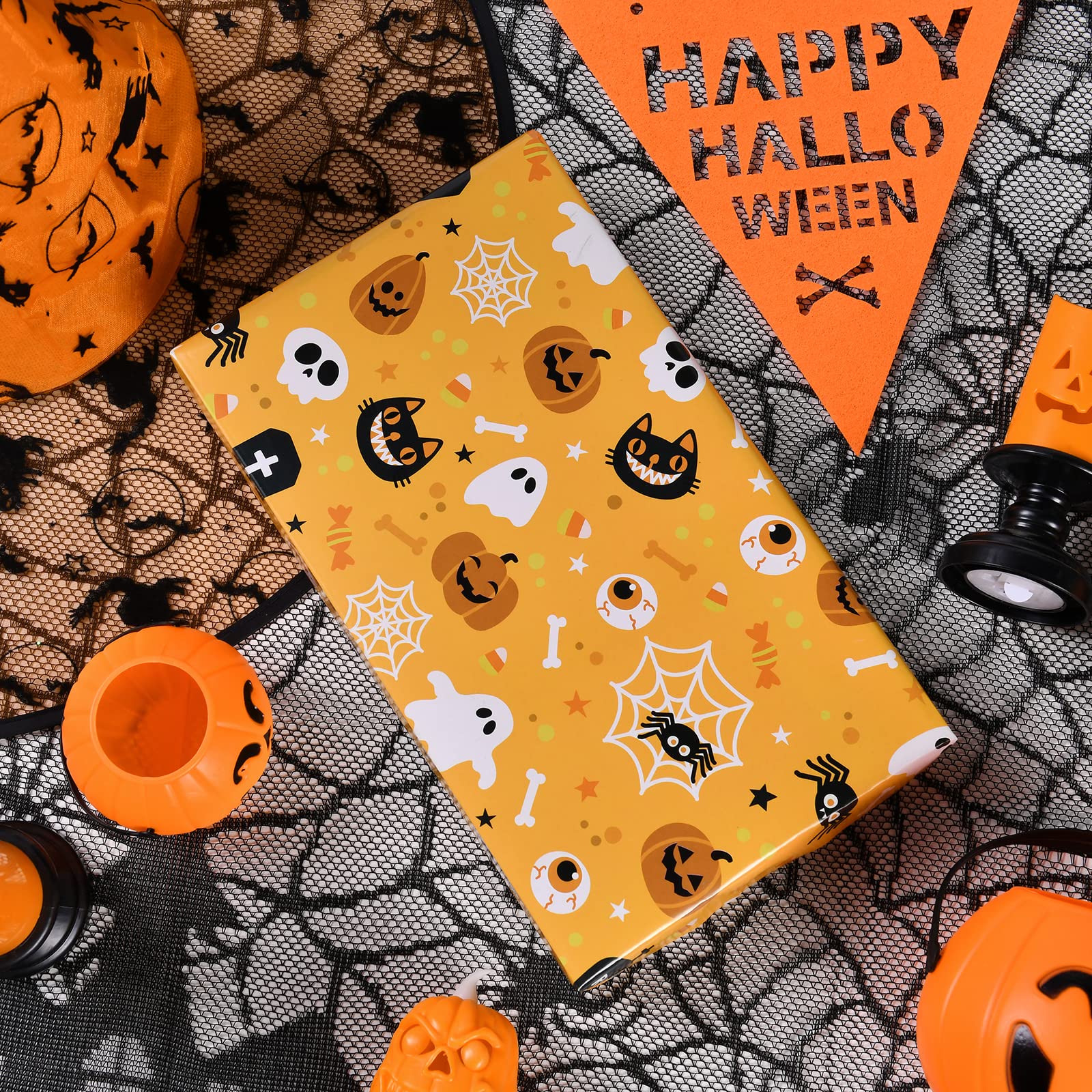 PlandRichW Halloween Wrapping Paper 12 Sheets Folded for Boys Girls Kids Man Women,Pumpkin Spooky Witch Hat Bat Halloween Decorations,Holiday,Party,Baby Shower Present Packing Each 20" X 29"