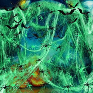 4 pcs halloween glow in the dark spider web halloween decorations with 100 pieces fake spiders and 24 pieces bat decor for halloween eve diy window home wall indoor outdoor