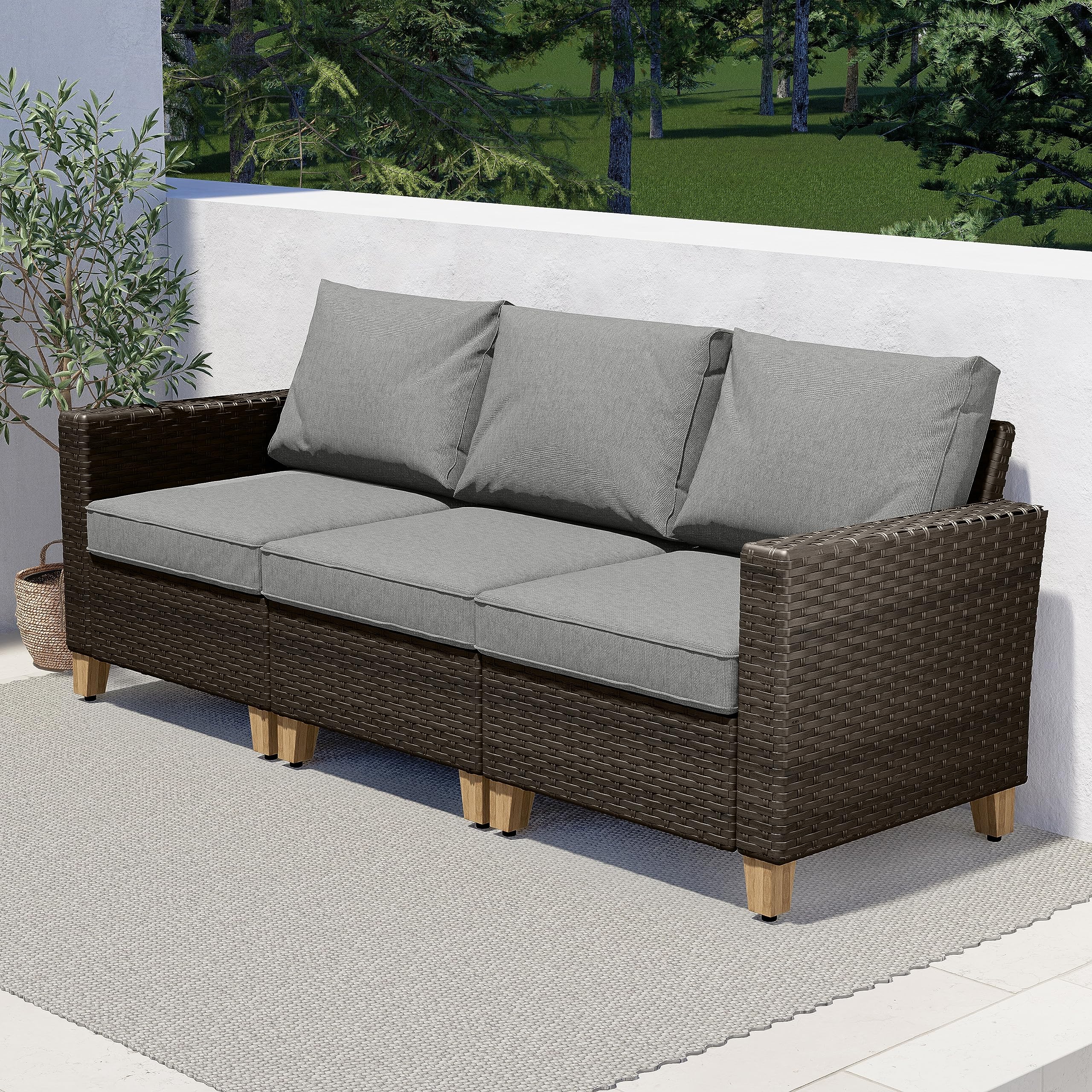 Grand patio 3-Seats Outdoor Patio Rattan Sofa Seating, Modular Couch with Thick Cushions and High Back, Weather-Resistance Wicker and Metal Frame Furniture for Yard, Poolside, Balcony, Porch (Grey)