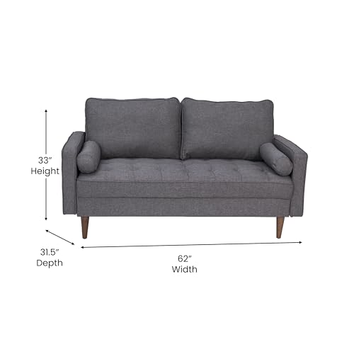 Flash Furniture Hudson Mid-Century Modern Loveseat - Dark Gray Faux Linen Upholstery - Buttonless Tufting - Wood Legs