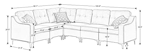 Legend Furniture Living-Room Sofa-Chaise Modular L-Shaped Flexible Combination Fabric Nailhead Trim Corner Sectional, 106" Wide, Grey