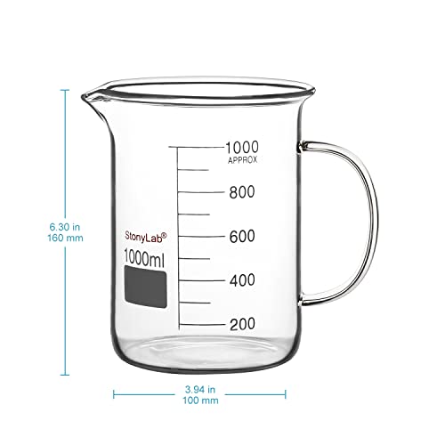 stonylab Glass Beaker with Handle, Borosilicate Glass Graduated Low Form Griffin Beaker with Handle and Pouring Spout, 1000 ml