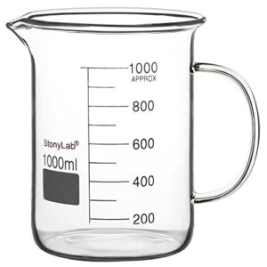 stonylab glass beaker with handle, borosilicate glass graduated low form griffin beaker with handle and pouring spout, 1000 ml