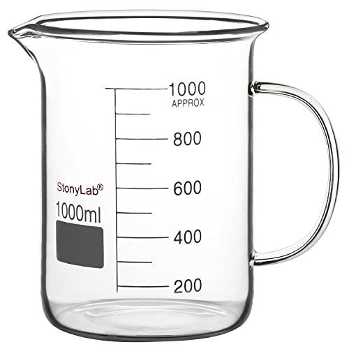 stonylab Glass Beaker with Handle, Borosilicate Glass Graduated Low Form Griffin Beaker with Handle and Pouring Spout, 1000 ml