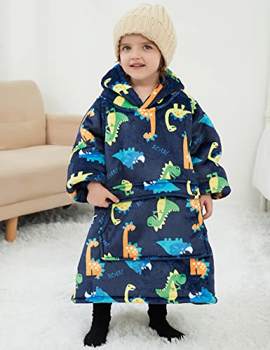 Lzzidou Oversized Wearable Blanket Hoodie for Kids 2-6YR, Two Layers Cozy Flannel Sherpa Blanket Sweatshirt Printed