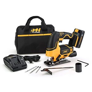 MOTORHEAD 20V ULTRA Cordless Jig Saw, Lithium-Ion, LED, Laser & Edge Guide, 0-45° Bevel.80” Stroke, 2700 SPM, Variable Speed, 2Ah Battery, Charger, Bag, 3 Blades, USA-Based (MH-03-JS-B1-0-2)