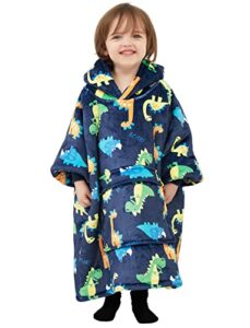 lzzidou oversized wearable blanket hoodie for kids 2-6yr, two layers cozy flannel sherpa blanket sweatshirt printed