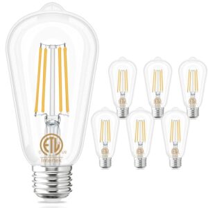 GOLSPARK Edison Bulbs 60 Watt Equivalent, E26 LED Bulb Soft White 3000K, 800LM, 6W 120V CRI85, E26 Base, ST58 Clear Vintage Light Bulbs for Living Room Dining Bathroom Vanity, Non-dimmable, 6 Pack