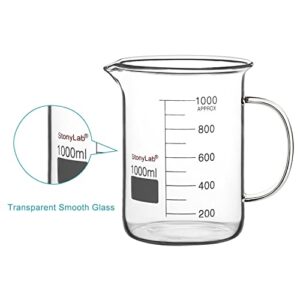 stonylab Glass Beaker with Handle, Borosilicate Glass Graduated Low Form Griffin Beaker with Handle and Pouring Spout, 1000 ml