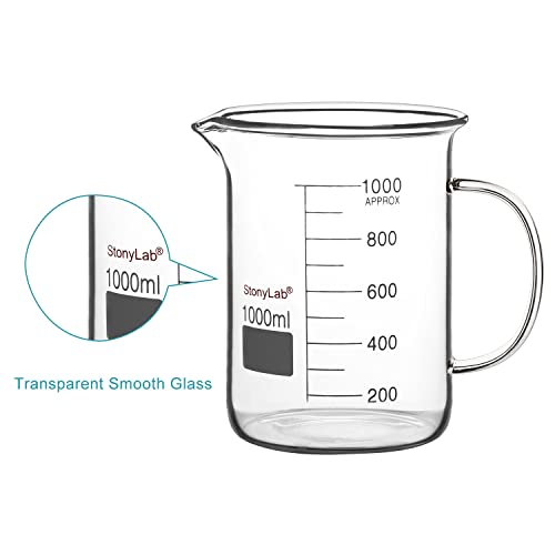 stonylab Glass Beaker with Handle, Borosilicate Glass Graduated Low Form Griffin Beaker with Handle and Pouring Spout, 1000 ml