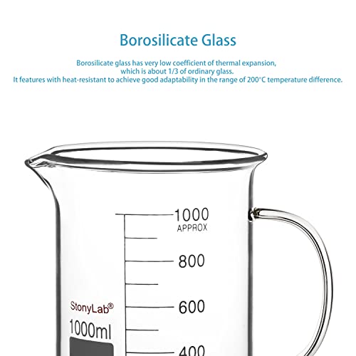 stonylab Glass Beaker with Handle, Borosilicate Glass Graduated Low Form Griffin Beaker with Handle and Pouring Spout, 1000 ml