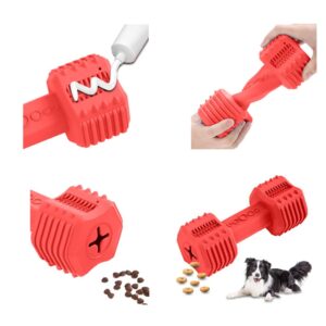 PawfectPals Indestructible Dumbbell Dog Chew Toy for Aggressive chewers, Interactive Puzzle Toy, Food Dispenser Feeder, Natural Rubber Bite Resistant for Teeth Dental Cleaning-Insert Treats (Red)