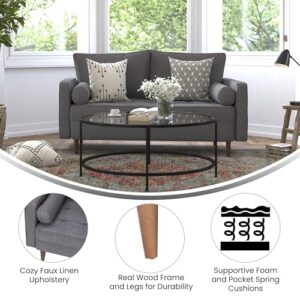 Flash Furniture Hudson Mid-Century Modern Loveseat - Dark Gray Faux Linen Upholstery - Buttonless Tufting - Wood Legs