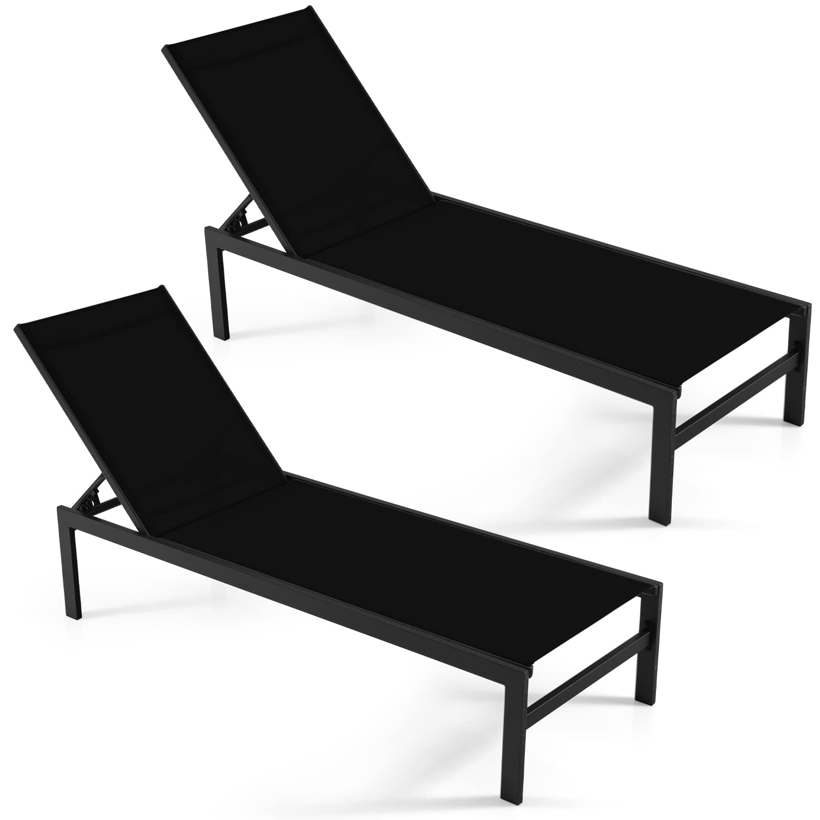 Giantex Set of 2 Patio Chaise Lounge Chair, Outdoor Sunbathing Chair Lawn Reclining Lounger with 6 Adjustable Position, Aluminium Frame, Tanning Chairs for Deck,Yard, Pool Lounge Chairs (2, Black)