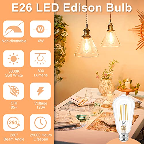 GOLSPARK Edison Bulbs 60 Watt Equivalent, E26 LED Bulb Soft White 3000K, 800LM, 6W 120V CRI85, E26 Base, ST58 Clear Vintage Light Bulbs for Living Room Dining Bathroom Vanity, Non-dimmable, 6 Pack