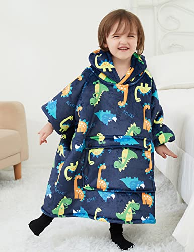 Lzzidou Oversized Wearable Blanket Hoodie for Kids 2-6YR, Two Layers Cozy Flannel Sherpa Blanket Sweatshirt Printed