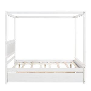 Full Size Canopy Bed with Trundle Bed, Solid Wood Full Platform Bed with Headboard, Footboard and Slat Support,Modern 4 Poster Panel Bed for Kids, Teens, Adults. No Box Spring Needed (Full, Gray)