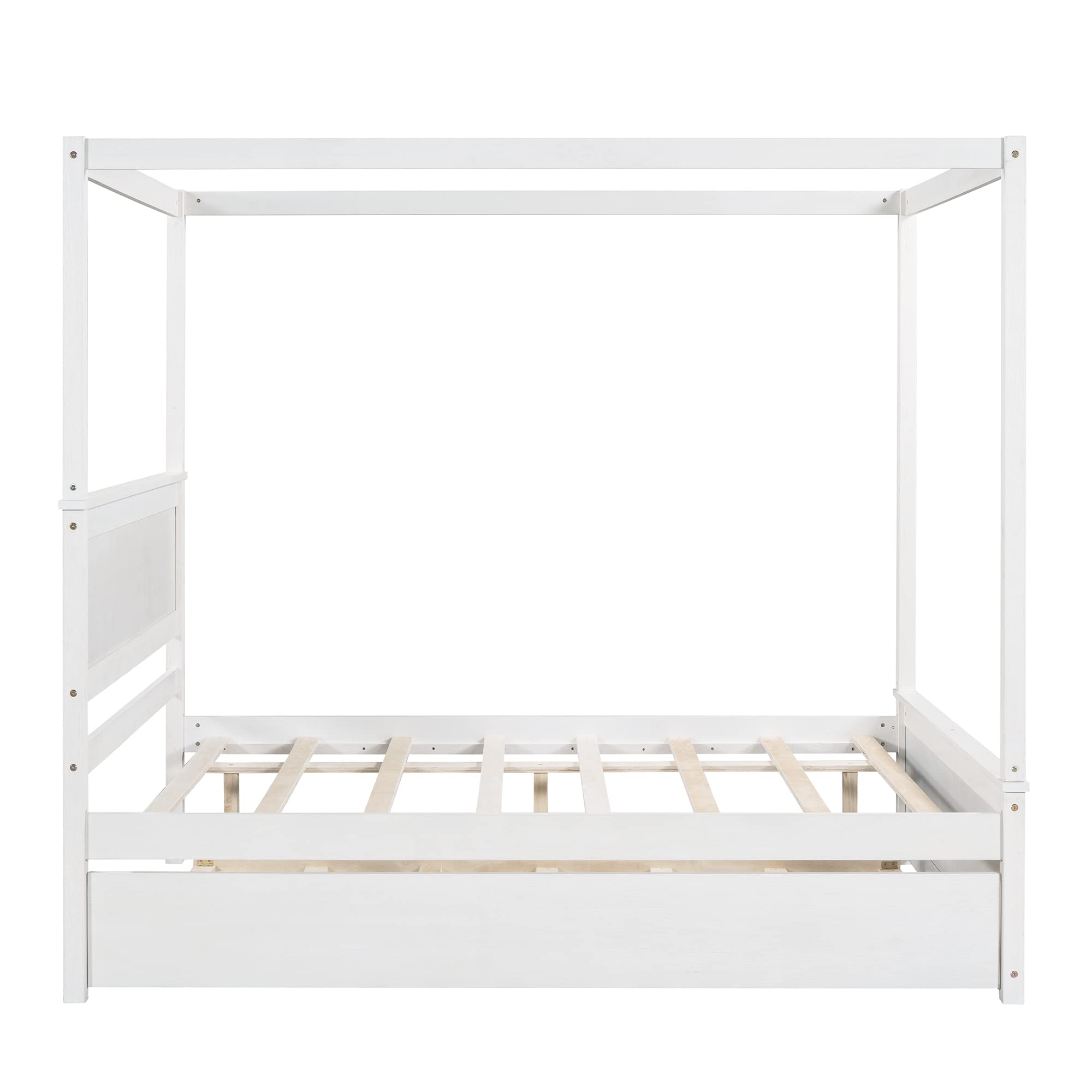 Full Size Canopy Bed with Trundle Bed, Solid Wood Full Platform Bed with Headboard, Footboard and Slat Support,Modern 4 Poster Panel Bed for Kids, Teens, Adults. No Box Spring Needed (Full, Gray)