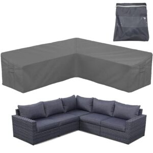 sunsure patio l-shaped sectional sofa cover waterproof outdoor furniture cover 420d heavy duty v-shaped sectional couch cover gray lawn garden furniture set covers with buckle strap (v118x118in)