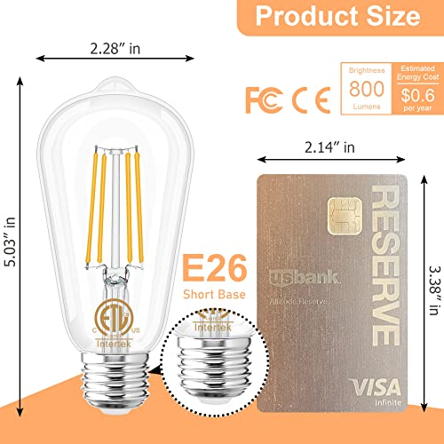 GOLSPARK Edison Bulbs 60 Watt Equivalent, E26 LED Bulb Soft White 3000K, 800LM, 6W 120V CRI85, E26 Base, ST58 Clear Vintage Light Bulbs for Living Room Dining Bathroom Vanity, Non-dimmable, 6 Pack