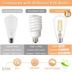 GOLSPARK Edison Bulbs 60 Watt Equivalent, E26 LED Bulb Soft White 3000K, 800LM, 6W 120V CRI85, E26 Base, ST58 Clear Vintage Light Bulbs for Living Room Dining Bathroom Vanity, Non-dimmable, 6 Pack