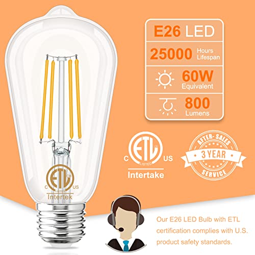 GOLSPARK Edison Bulbs 60 Watt Equivalent, E26 LED Bulb Soft White 3000K, 800LM, 6W 120V CRI85, E26 Base, ST58 Clear Vintage Light Bulbs for Living Room Dining Bathroom Vanity, Non-dimmable, 6 Pack