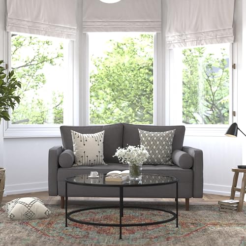 Flash Furniture Hudson Mid-Century Modern Loveseat - Dark Gray Faux Linen Upholstery - Buttonless Tufting - Wood Legs