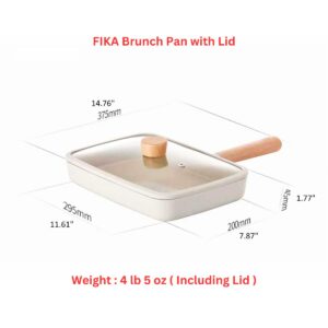 FIKA Kitchen Nonstick Brunch Pan with Glass Lid, Japanese Tamagoyaki Large Omelet Skillet, Healthy Cooking Stir Fry Pan with Wood Handle, Induction Compatible Cookware, Made in Korea (11.4" X 8")