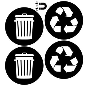 recycle and trash magnetic stickers logo (4 pack) - for metal or plastic garbage cans, and bins - indoor & outdoor - laminated and uv protected premium decal 2567 (black - magnetic, xsmall)