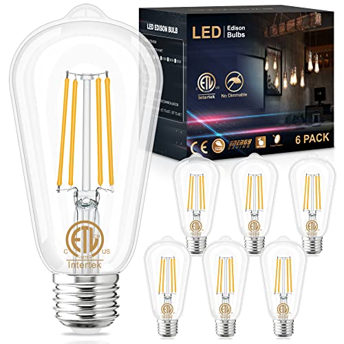 GOLSPARK Edison Bulbs 60 Watt Equivalent, E26 LED Bulb Soft White 3000K, 800LM, 6W 120V CRI85, E26 Base, ST58 Clear Vintage Light Bulbs for Living Room Dining Bathroom Vanity, Non-dimmable, 6 Pack