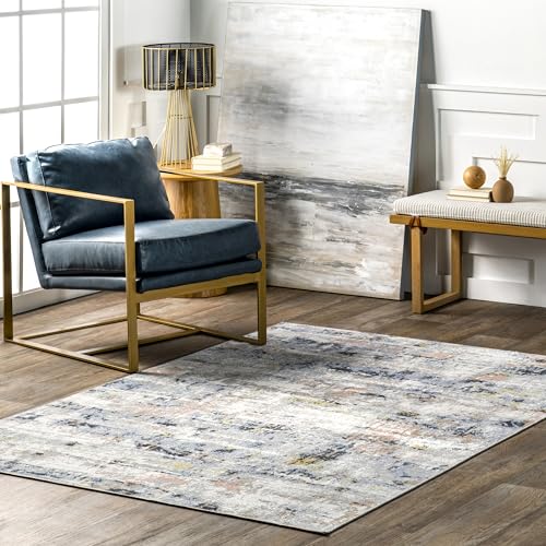 nuLOOM Aaliyah Abstract 5x8 Machine Washable Area Rug for Living Room Bedroom Dining Room Kitchen, Blue Multicolor/Ivory