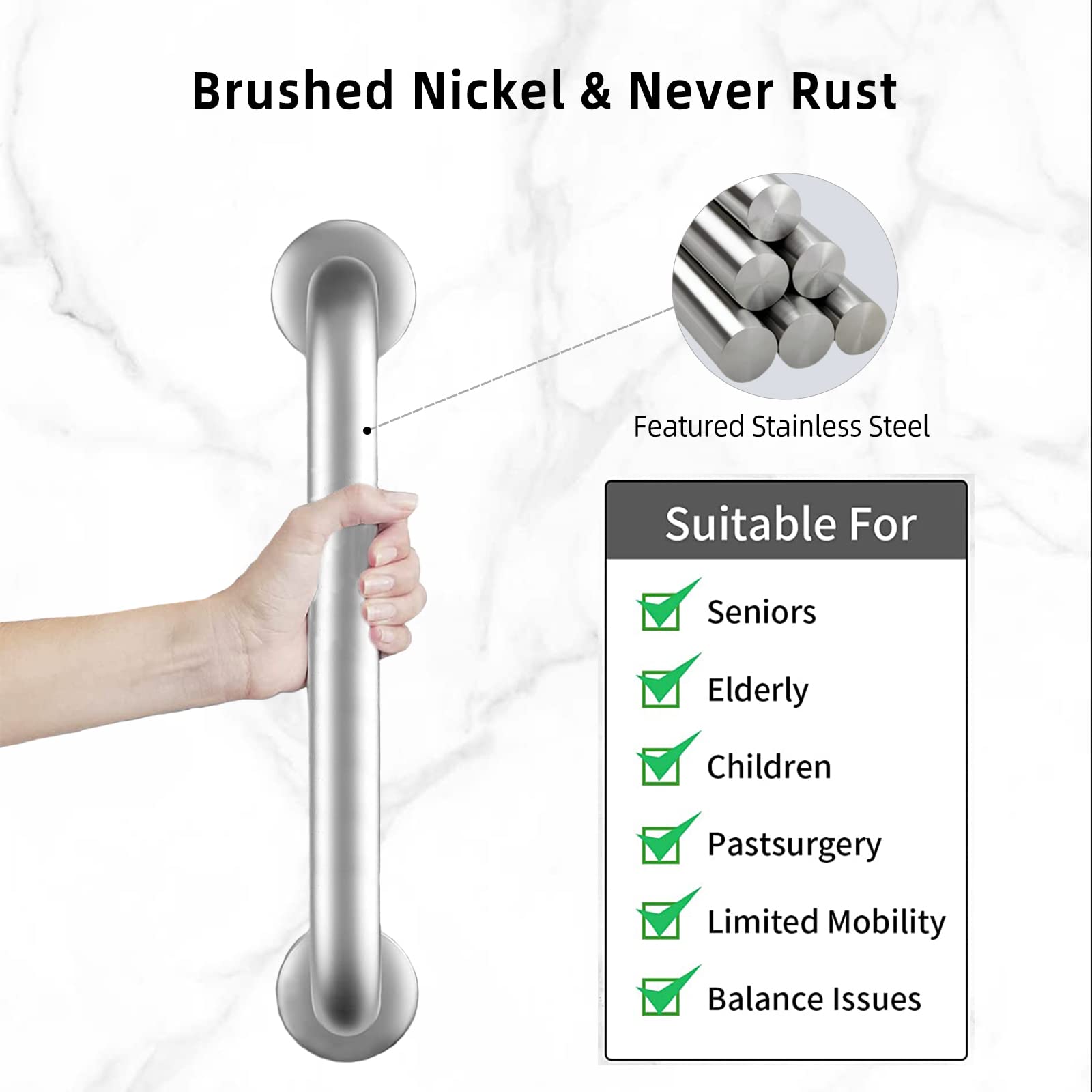 Supwish Shower Grab Bars Brushed Nickel 12" x 1 1/4", Stainless Steel Handicap Grab Bars for Bathroom Bathtub Toilet, Shower Handle Safety Bars Hand-Rail Support for Elderly Seniors Pregnant Children