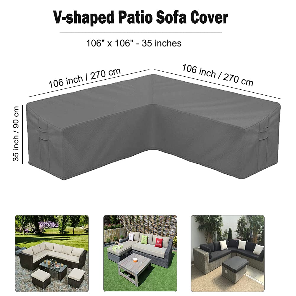 SUNSURE Patio L-Shaped Sectional Sofa Cover Waterproof Outdoor Furniture Cover 420D Heavy Duty V-Shaped Sectional Couch Cover Gray Lawn Garden Furniture Set Covers with Buckle Strap (106x106in)