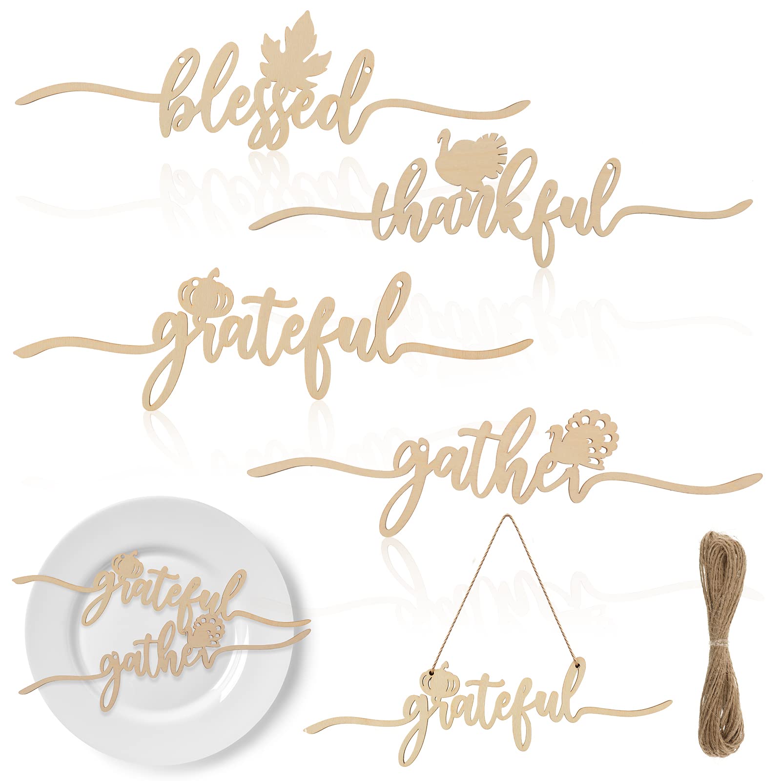 8 Pcs Thanksgiving Wood Cutout Cards Sign Grateful Blessed Gather Thankful Plates Thanksgiving Place Setting Decorations Hanging Thanksgiving Plate Decor for Home Table Setting Decor (Burlywood)